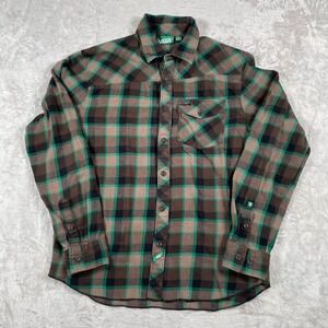 Vans Plaid Flannel Shirt Mens Small Brown Green Long Sleeve Button Up Skate